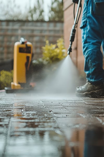 A person uses a pressure washer for outdoor cleaning of a wet brick patio, showcasing effective maintenance in a residential garden setting.
