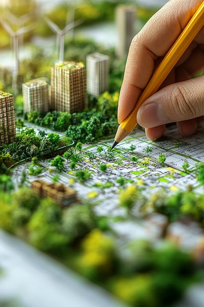 A conceptual image of sustainable city planning, with wind turbines and a green environment, showing a vision for eco-friendly urban development.