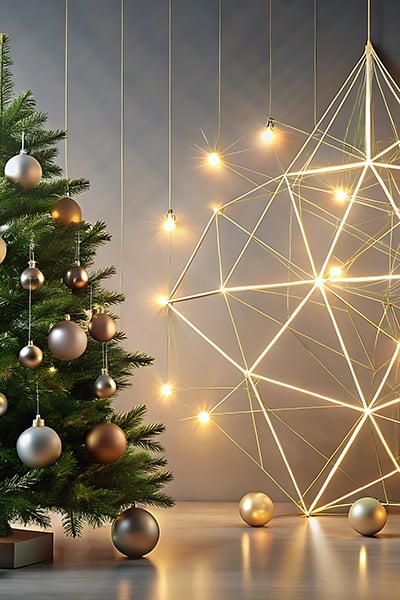 A stylish christmas tree with silver and gold ornaments stands b